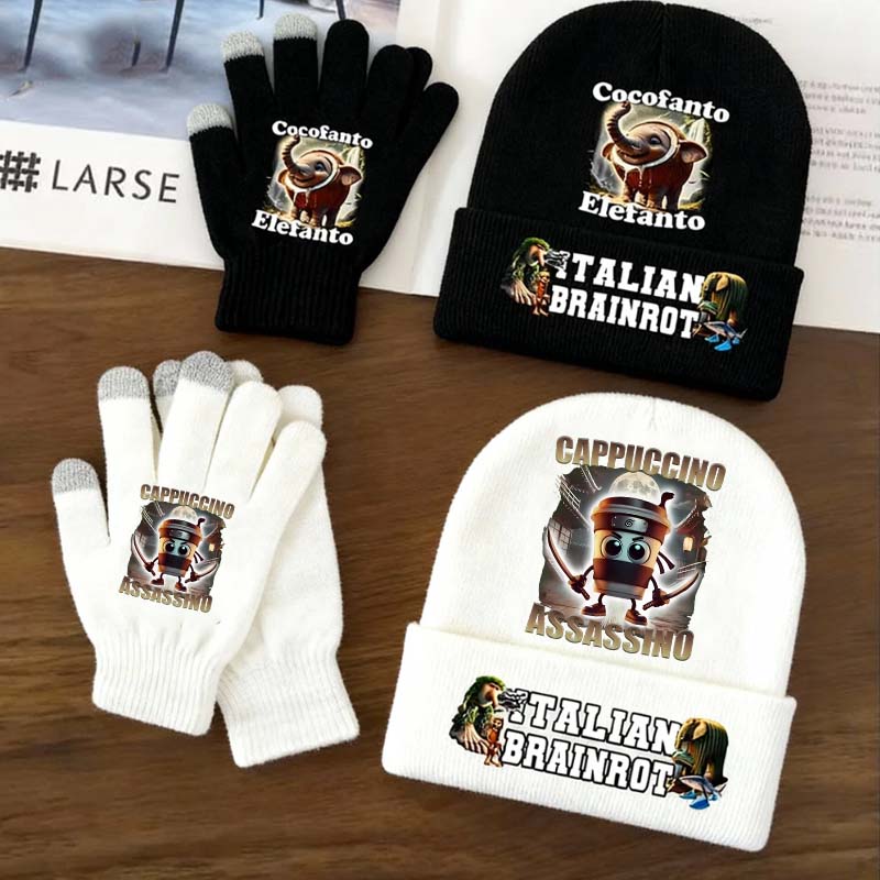 Kids Outdoor Gloves - 2pcs Italian Brainrot Animals Knitted Hat